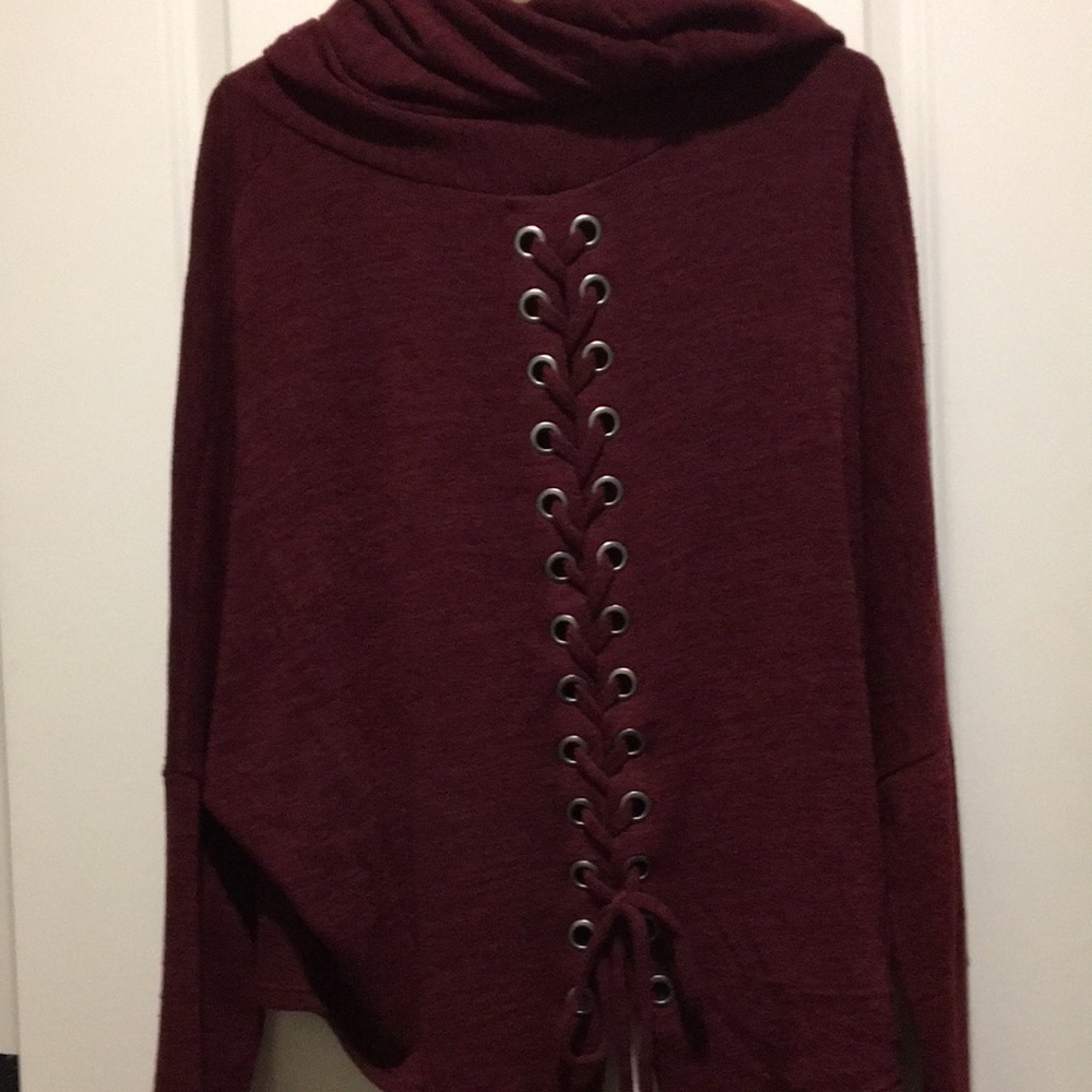 Ariella women cowl neck flowy sweater crisscross detail long sleeve sizeL maroon